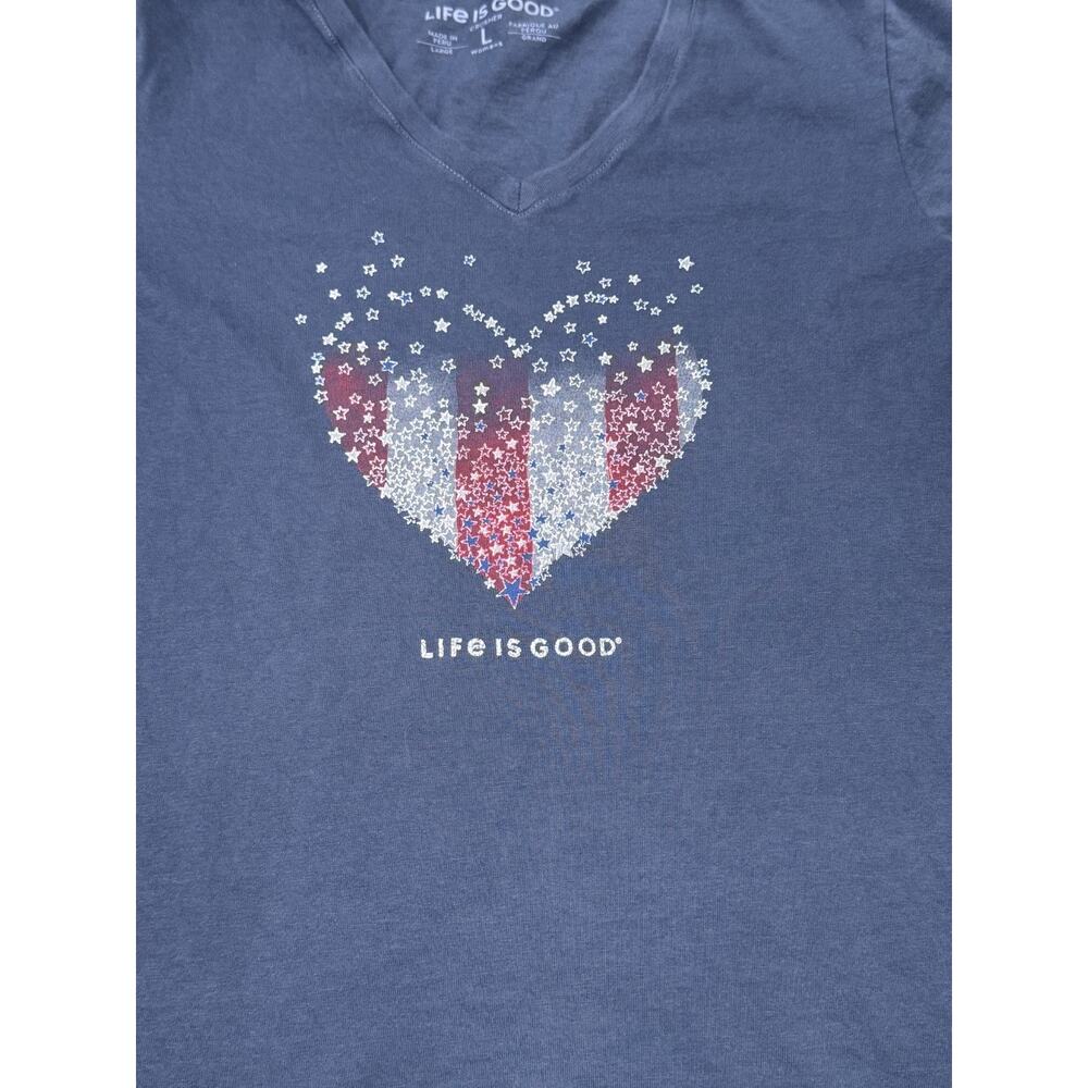 Life is Good T-Shirt Woman's Large Crusher Tee Patriotic Flag Heart Theme - Picture 2 of 5